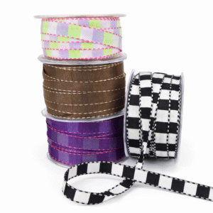1/2 Inch Multi-Color Checkered Ribbon with Woven Stitched Edge