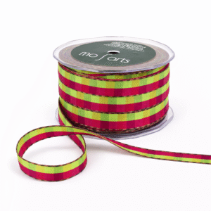 1/2 Inch Multi-Color Checkered Ribbon with Woven Stitched Edge - ABB15 - GREEN /FUCHSIA/ORANGE
