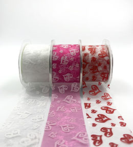 2 Inch Shimmer Sheer Printed Hearts Ribbon with Cut Edge