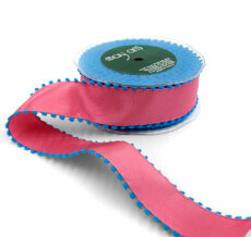 1.5 Inch Taffeta Ribbon with Pom Pom Wired Edge - XA-90 - PINK/BLUE