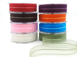 7/8 Inch Sheer with Center Satin Stitch Ribbon with Woven Edge