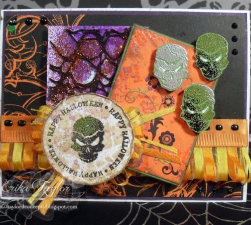 ErikaTaylor MayArts PSAEssentials Halloween Card RibbonTrim Orange Masking Skulls Large 1