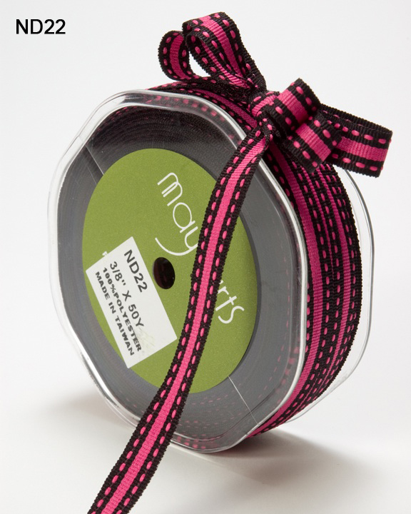 3/8" Fuchsia and Black Striped Grosgrain with pink stitches Ribbon, May Arts Ribbon, Wholesale Ribbon