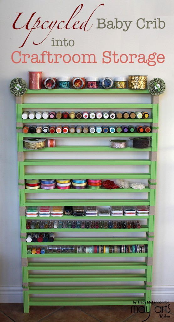 Upcycled Baby Crib into Craft Room Storage