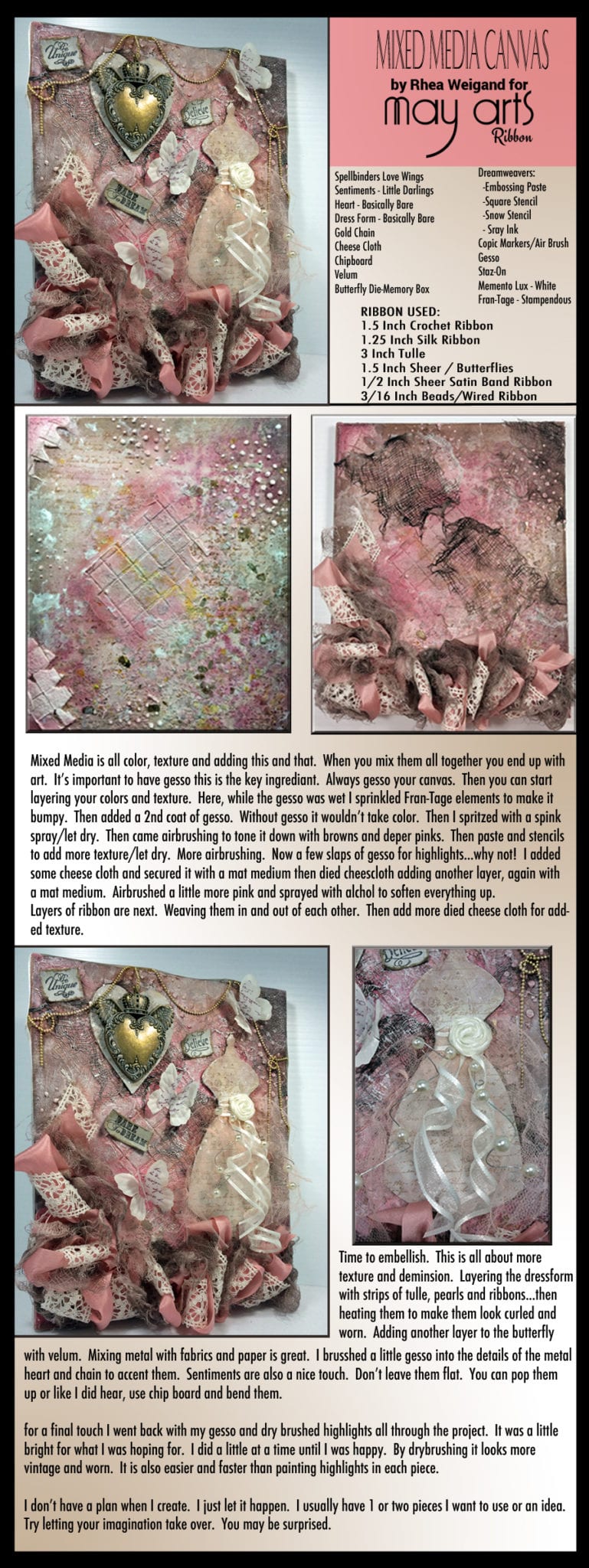 Fun DIY Pretty In Pink Mixed Media Canvas Online Ribbon May Arts