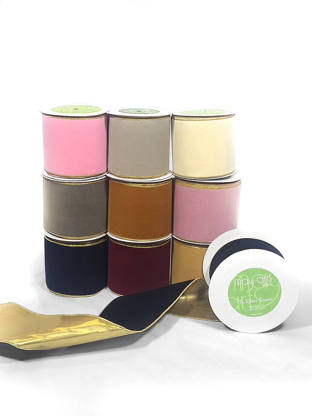 4 Reversible Velvet/Lurex Wired Ribbon, Moss/Gold