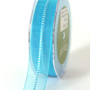 7/8 Inch Sheer with Center Satin Stitch Ribbon with Woven Edge - 347-78-04 TURQUOISE