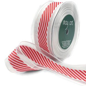 1.5 Inch Christmas White Sheer with Diagonal Stripe Ribbon with Wired Edge - 352-14 RED CENTER STRIPES