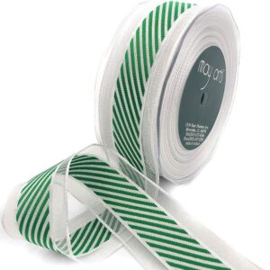 1.5 Inch Christmas White Sheer with Diagonal Stripe Ribbon with Wired Edge - 352-15 GREEN CENTER STRIPES