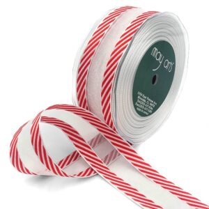 1.5 Inch Christmas White Sheer with Diagonal Stripe Ribbon with Wired Edge - 352-44 RED EDGE STRIPES
