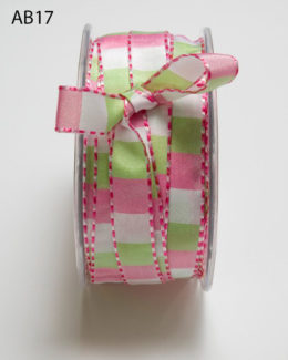 pink white parrot green checkered ribbon