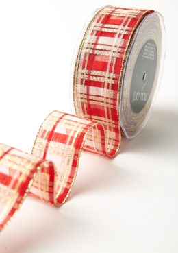 1.5" Red & Gold Holiday Plaid Wired Christmas Ribbon
