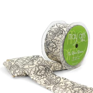 2 Inch Ivory Cotton Printed Globe Ribbon with Woven Edge - 413-2-10 black map print