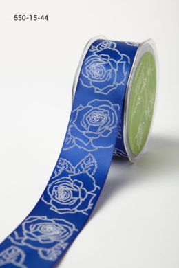 1.5" x 25y Blue/White Double Faced Satin Sketched Rose Print Ribbon