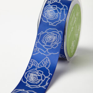 1.5" x 25y Blue/White Double Faced Satin Sketched Rose Print Ribbon