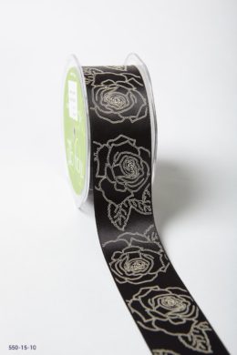 Black/Ivory Double Faced Satin Sketched Rose Print Ribbon