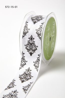 Black/White Single Faced Satin Damask Print Ribbon