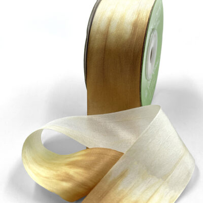 1.25 Inch 100% Hand-Dyed Variegated (multi-color) Silk Ribbon with Woven Edge - SKM-5-67 Pale Gold/White