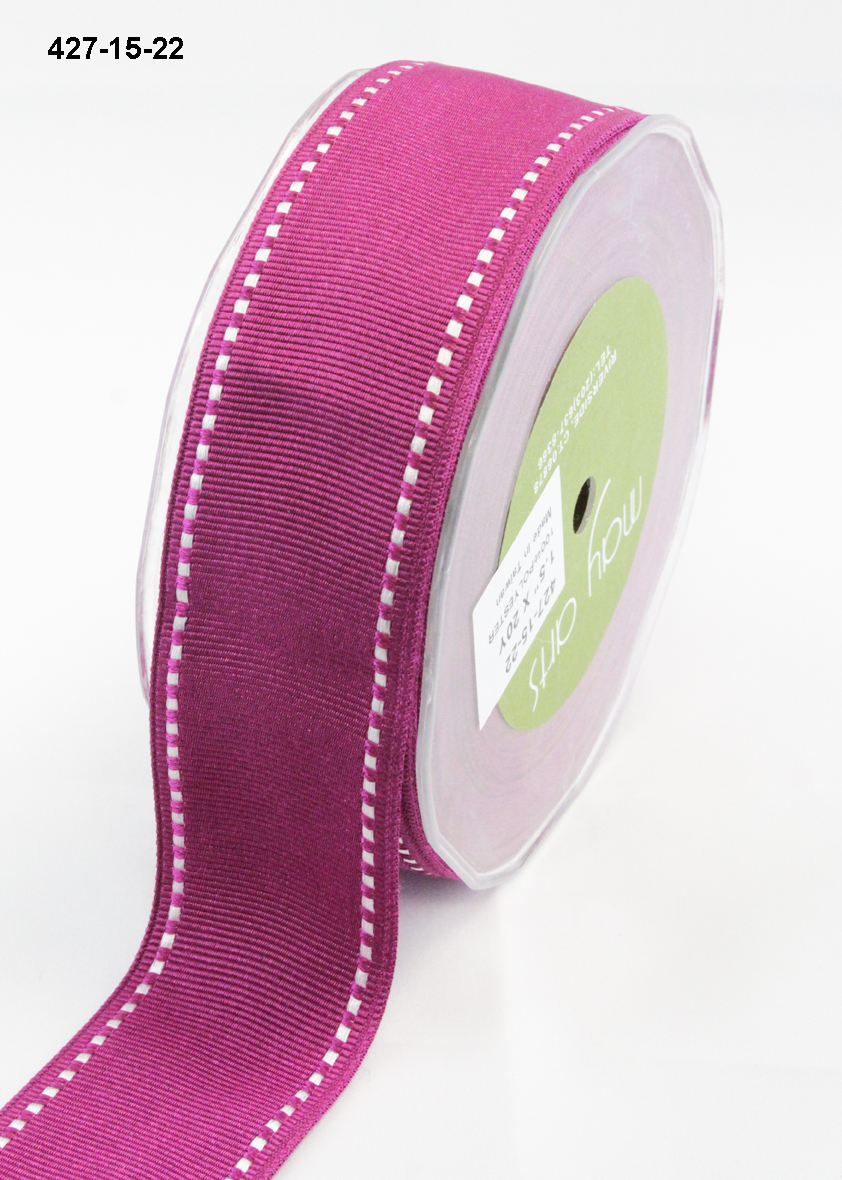 5/8 Inch Fuchsia w/ Apple Stitch Design Grosgrain Ribbon 25 Yards