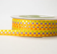 3/8" Yellow Woven Checkerboard Ribbon with Green and Orange Checks, May Arts Ribbon, Wholesale Ribbon