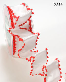 White and Red Solid / Pom Pom Edge (Wired) Ribbon