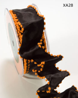 Black and Orange Solid Pom Pom Edge (wired) Ribbon