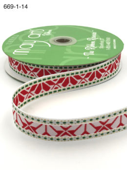 white and red and green geo print woven ribbon