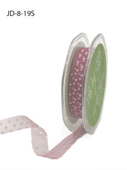 mauve organza ribbon with white polka dots