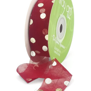 ~1″ Sheer Metallic Defined Polka Dot Ribbon with Unfinished Edge - 695-1-25 BURGUNDY/ GOLD DOT