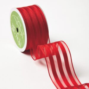 1.5 Inch Sheer with Woven Stripes Ribbon with Wired Edge - 544-15-14 red