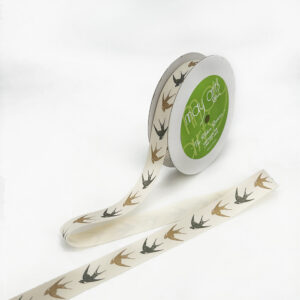 3/4 Inch Ivory Canvas Printed Ribbon with Woven Edge - 413-34-26 Black/Brown Sparrows