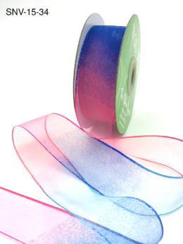 1.5 Inch Soft Variegated (multi-color) Sheer Ribbon with Thin Solid Edge - SNV-15-34 Neon Pink/Neon Blue