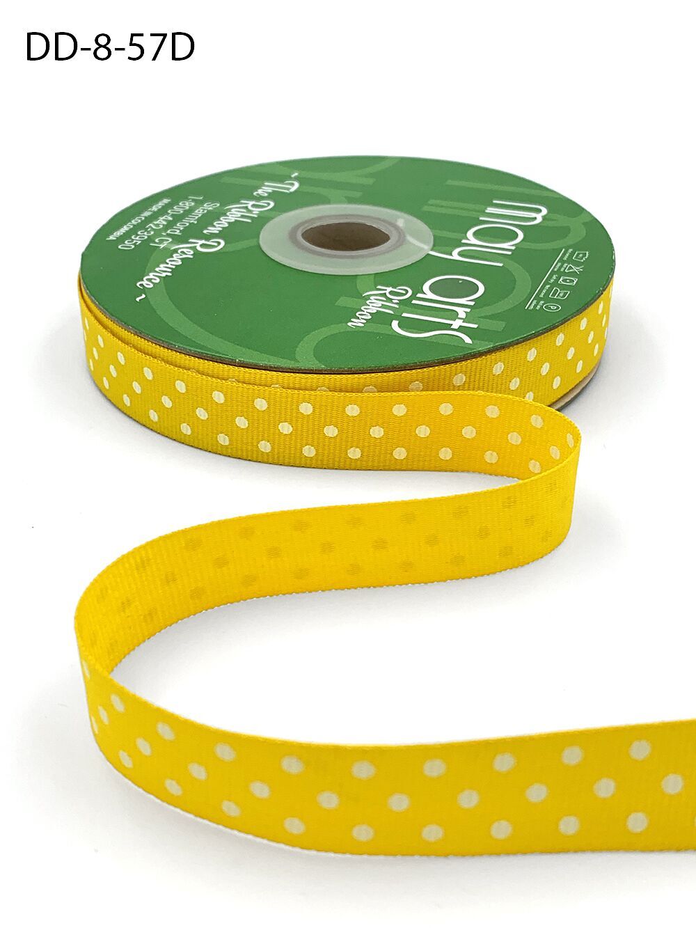 Grosgrain Ribbon Polka Dot Yellow with White Dots ( 1-1/2 inch | 50 Yards )