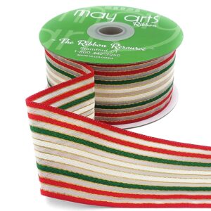 ~2 Inch (50mm) Woven Christmas Stripes Organza Ribbon - 700-2-45 Organza Woven Stripes Christmas Ribbon