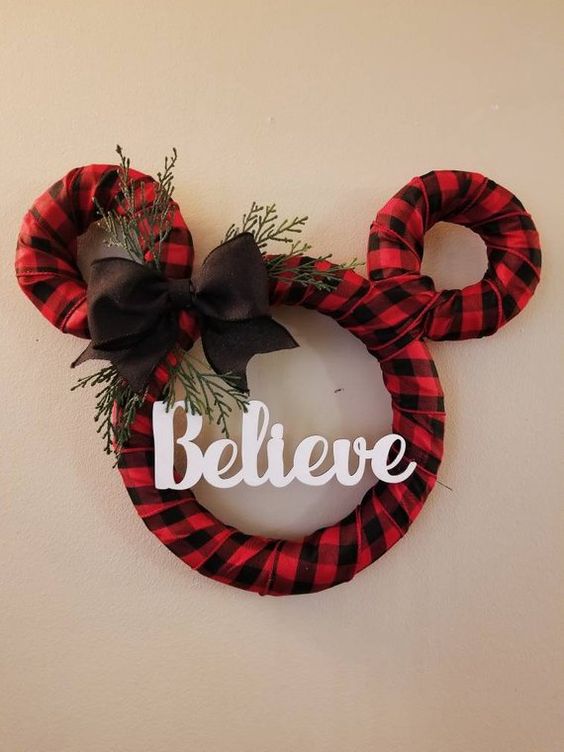 Buffalo Plaid Ribbon Disney Wreath Christmas Decor Idea