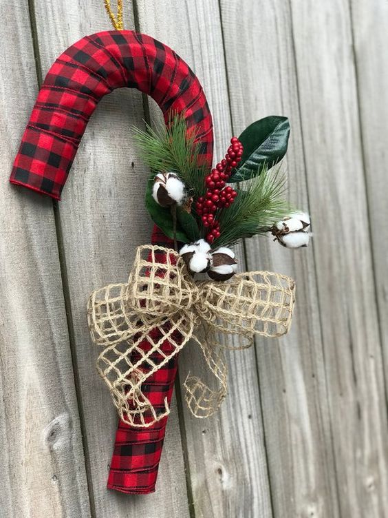 Buffalo Plaid Ribbon Christmas Candy Cane Craft Idea