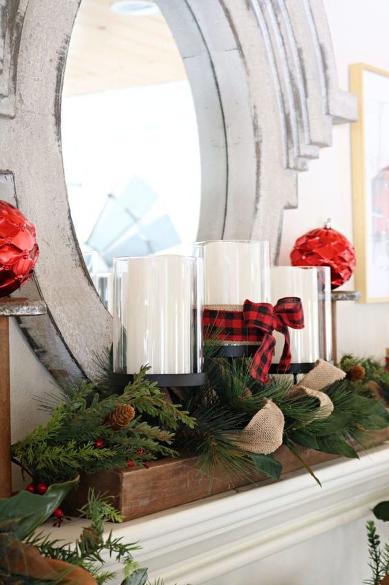 Buffalo Plaid Ribbon Mantle Decor Idea