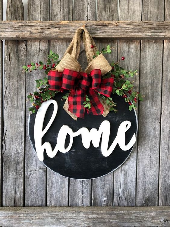 Buffalo Plaid Ribbon DIY Front Door Decor Idea