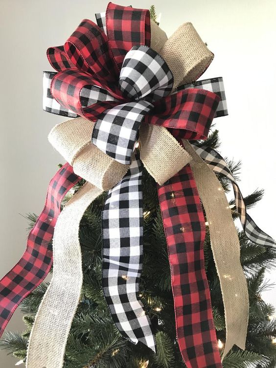 Buffalo Plaid Ribbon Christmas Tree Topper Decor Idea