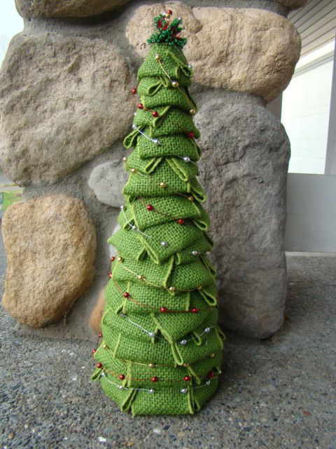 DIY Christmas Tree out of burlap, ribbon, and styrofoam cone. #christmas  #christmastree #decora…