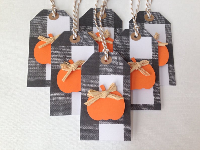 Thanksgiving crafts DIY pumpkin gift tag buffalo plaid DIY craft with burlap ribbon