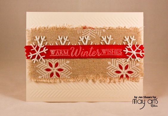 make your own christmas card with frayed cotton ribbon and snowflake cut outs