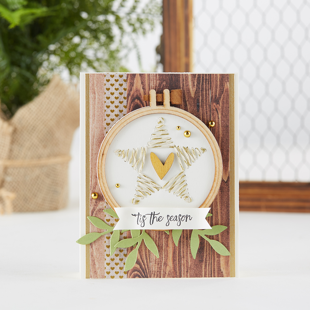 make your own embroidery christmas card with white and gold bakers twine