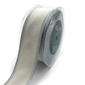 1.5 Inch Woven Chambray Lined Metallic Edge Ribbon - 716-15-09 Ivory/Silver
