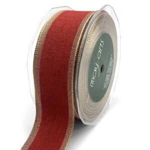 1.5 Inch Woven Chambray Lined Metallic Edge Ribbon - 716-15-14 Red/Gold