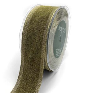 1.5 Inch Woven Chambray Lined Metallic Edge Ribbon - 716-15-16 Olive/Gold