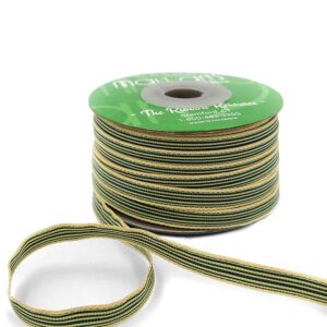 3/8 Inch Woven Grosgrain Stripe Ribbon with Woven Edge - RG-8-16 - GREEN/OATMEAL STRIPES