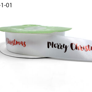 ~1 Inch Satin Holiday Print Ribbon with Woven Edge - 726-1-01 Calligraphy Merry Christmas Ribbon