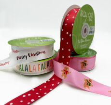 ~1 Inch Satin Holiday Print Ribbon with Woven Edge