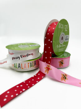 ~1 Inch Satin Holiday Print Ribbon with Woven Edge